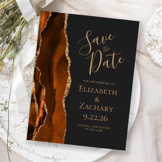 agate burnt orange gold dark save the date 案内ポストカード