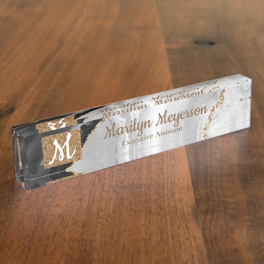 Agate Desk Nameプレート白黒金ゴールドグリッター デスクネームプレート (側面)