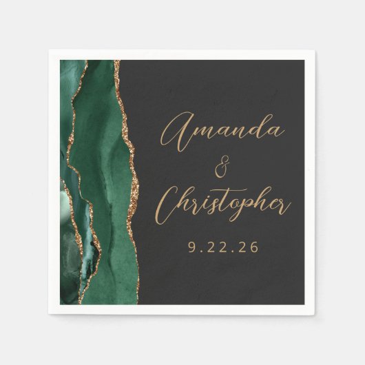 Agate Emerald Green金ゴールドスクリプトダーク結婚ズ スタンダードカクテルナプキン (正面)