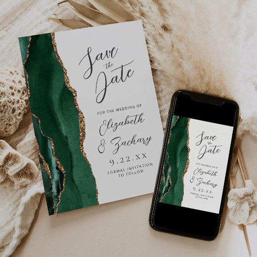 Agate Emerald Green Gold Script Wedding セーブザデート