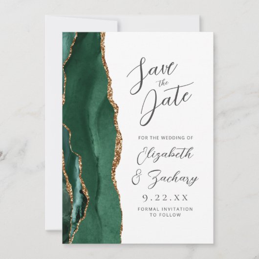 Agate Emerald Green Gold Script Wedding セーブザデート (正面)