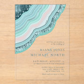 Agate Geodeグリッター結婚のティール（緑がかった色）ID647 アクリル招待状 (正面)