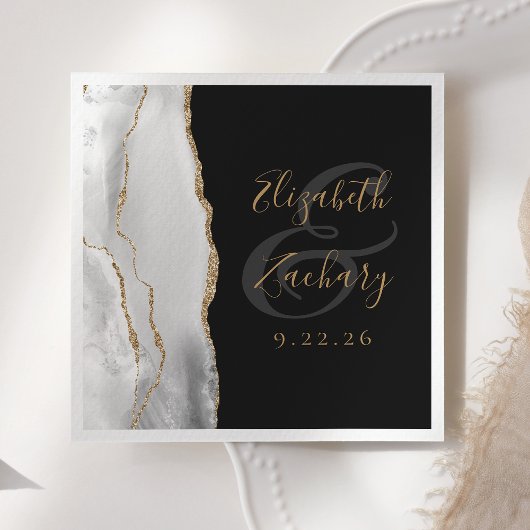 Agate Geodeグレー白金ゴールドスクリプト結婚Dark's スタンダードカクテルナプキン