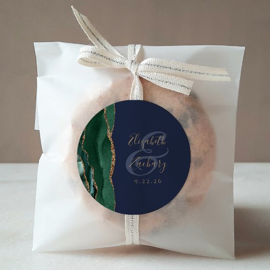 Agate Geodeスクリプトエメラルドグリーン金ゴールドネイビー結婚ズ ラウンドシール
