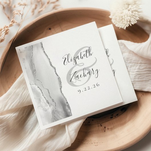 Agate Geodeスクリプトグレーシルバー結婚ズ スタンダードカクテルナプキン