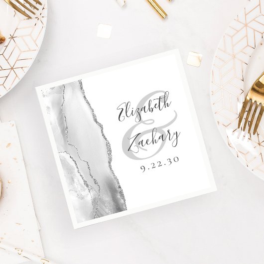 Agate Geodeスクリプトグレーホワイトシルバー結婚ズ スタンダードカクテルナプキン