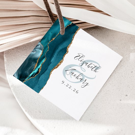 Agate Geodeスクリプトティール(緑がかった色)結婚金ゴールド フェイバータグ