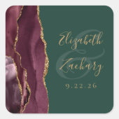 Agate Geodeスクリプトバーガンディ金ゴールドグリーン結婚ズ スクエアシール (正面)