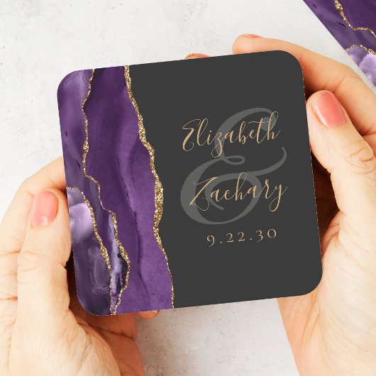 Agate Geodeスクリプトパープル金ゴールドダーク結婚ズ スクエアペーパーコースター