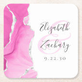 Agate Geodeスクリプトピンクシルバー結婚ズ スクエアペーパーコースター (正面)