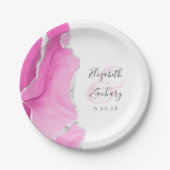 Agate Geodeスクリプトピンクシルバー結婚ズ ペーパープレート (正面)