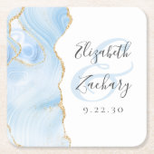 Agate Geodeスクリプトベビーブルー金ゴールド結婚ズ スクエアペーパーコースター (正面)