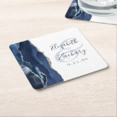 Agate GeodeスクリプトNavy Blue Silver 結婚's スクエアペーパーコースター (アングル)