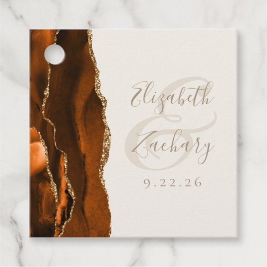 Agate Geode Script Burnt Orange Gold Ivory Wedding フェイバータグ (正面)