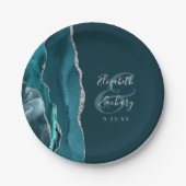 Agate Geode Script Dark Teal Silver Wedding ペーパープレート (正面)