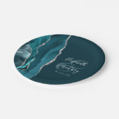 Agate Geode Script Dark Teal Silver Wedding ペーパープレート (アングル)