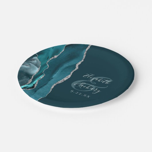 Agate Geode Script Dark Teal Silver Wedding ペーパープレート (アングル)