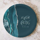Agate Geode Script Dark Teal Silver Wedding ペーパープレート