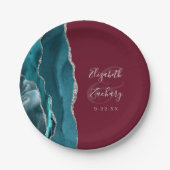 Agate Geode Silver Script Burgundy Wedding ペーパープレート (正面)