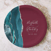 Agate Geode Silver Script Burgundy Wedding ペーパープレート