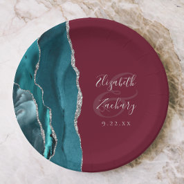 Agate Geode Silver Script Burgundy Wedding ペーパープレート