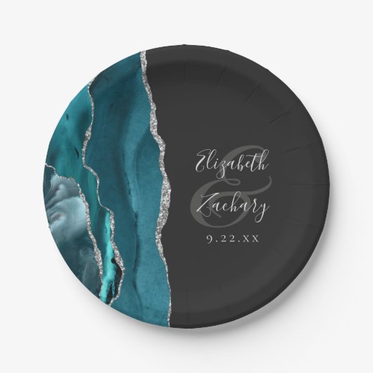 Agate Geode Silver Script Dark Wedding ペーパープレート (正面)