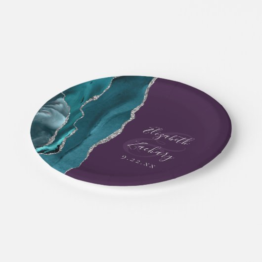 Agate Geode Silver Script Purple Wedding ペーパープレート (アングル)