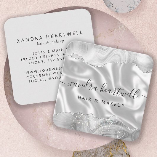 Agate Gray Silver Glitter Luxury Rounded Corners スクエア名刺