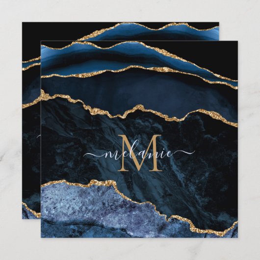 Agate Navy Blue金ゴールドカスタムレター名カード (正面/裏面)