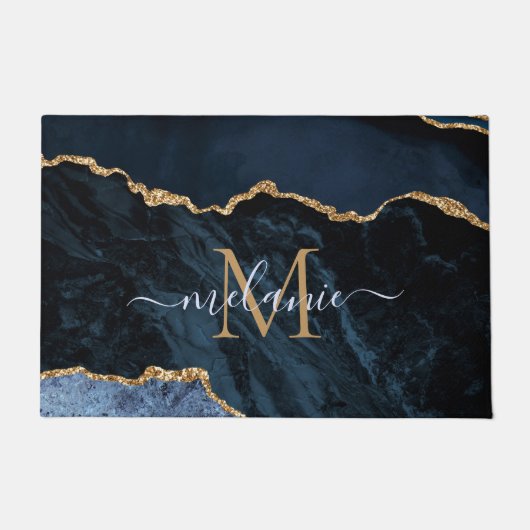 Agate Navy Blue金ゴールドグリッター名Monogram Doormat ドアマット (正面)