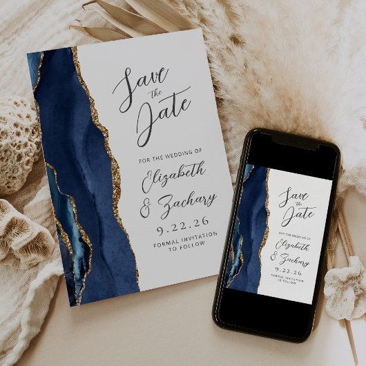 Agate Navy Blue金ゴールドモダンスクリプ結婚ト セーブザデート