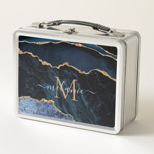 Agate Navy Blue金ゴールド名レター金属弁当箱 メタルランチボックス (正面)