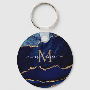 Agate Navy Blue金ゴールドMarble Monogram Name Keychain キーホルダー