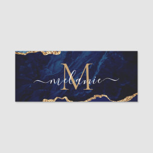 Agate Navy Blue Marble Name Tag with Your Letter 名札