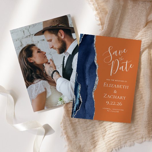 Agate Navy Blue Silver Burnt Orange Save the Date 招待状