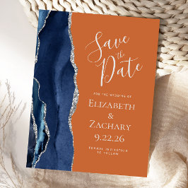 Agate Navy Blue Silver Burnt Orange Save the Date 案内ポストカード