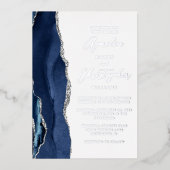 Agate Navy Blue Silver Modern Script Wedding 箔招待状 (正面)