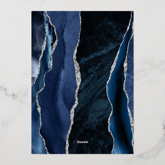 Agate Navy Blue Silver Modern Script Wedding 箔招待状 (裏面)