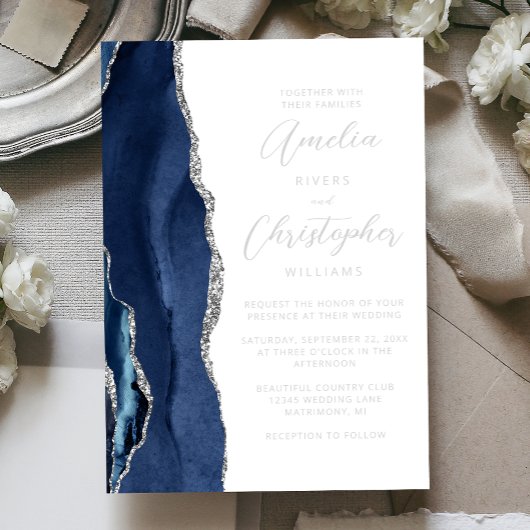 Agate Navy Blue Silver Modern Script Wedding 箔招待状