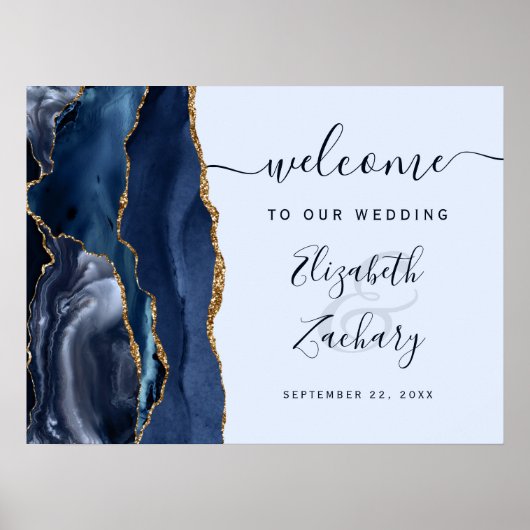 Agate Navy Pale Blue Gold Script Wedding Welcome ポスター (正面)