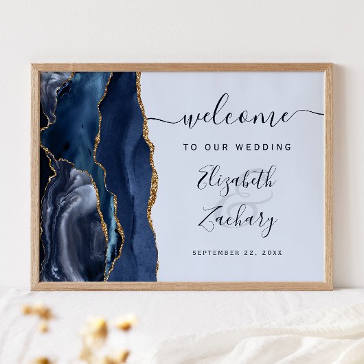 Agate Navy Pale Blue Gold Script Wedding Welcome ポスター