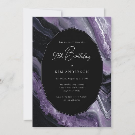 Agate Purple Black Modern Stylish 50th Birthday 招待状 (正面)