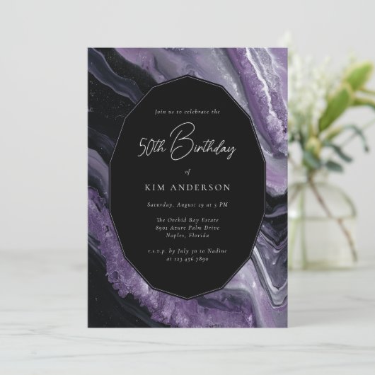 Agate Purple Black Modern Stylish 50th Birthday 招待状 (スタンド正面)