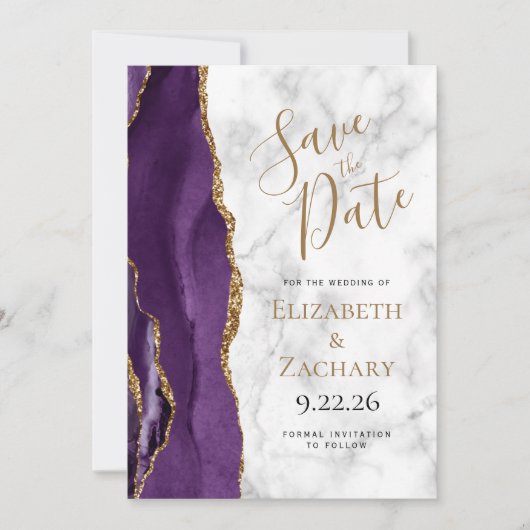 Agate Purple Gold Marble 5-Photo Save the Date 招待状 (正面)