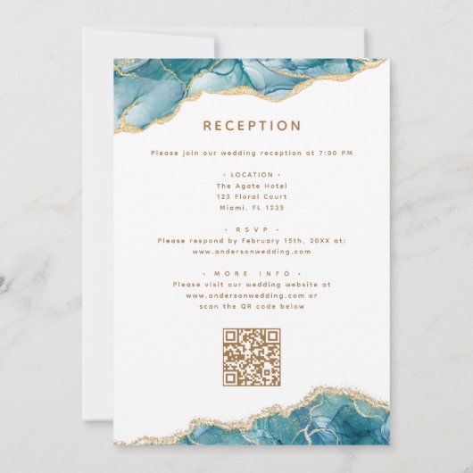 Agate QRコードターコイズティール(緑がかった色)金ゴールド結婚 招待状 (裏面)