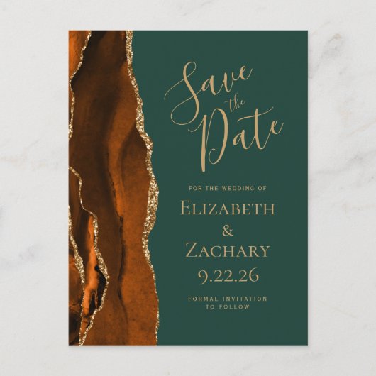 agate rust gold エメラルドグリーン Save the Date 案内ポストカード (正面)