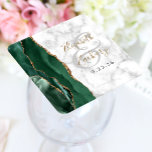 Agate Script Emerald Green Gold Marble Wedding スクエアペーパーコースター<br><div class="desc">This elegant modern wedding coaster features an emerald green watercolor agate geode design trimmed with faux gold glitter on a background of white and gray marble. Easily customize the names of the bride and groom in gold-colored handwriting calligraphy over a large,  light gray ampersand.</div>