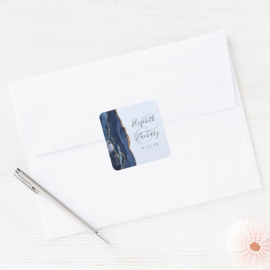Agate Script Navy Pale Blue Gold Wedding スクエアシール (封筒)