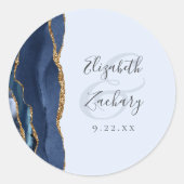 Agate Script Navy Pale Blue Gold Wedding ラウンドシール (正面)