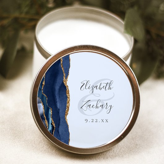 Agate Script Navy Pale Blue Gold Wedding ラウンドシール